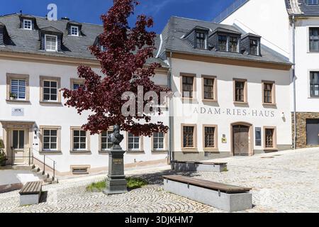 Karlsplatz avec Adam Ries House and Memorial à Annaberg, Annaberg-Buchholz, Monts Ore, Saxe, Allemagne Banque D'Images