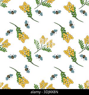 Modèle vectoriel sans couture avec de mignonnes abeilles de bande dessinée et des fleurs de mimosa jaune moelleuses sur un fond blanc. Illustration de Vecteur