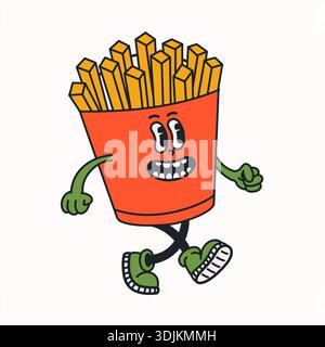 Illustration de personnage de frites dans le style groovy rétro dessin animé avec visage souriant sur fond clair. Autocollant vintage vecteur de frites. Parfait Illustration de Vecteur