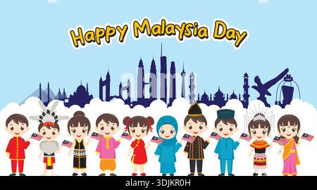 Illustration vectorielle colorée d'enfants malaisiens portant des costumes traditionnels et tenant le drapeau malaisien célébrant la Journée de la Malaisie avec l'horizon de la ville Illustration de Vecteur
