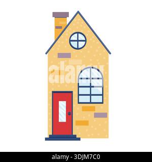 Illustration vectorielle d'une maison familiale jaune confortable avec une porte d'entrée rouge. Œuvres d'art extérieures de maison résidentielle parfaites pour les concepts immobiliers Illustration de Vecteur