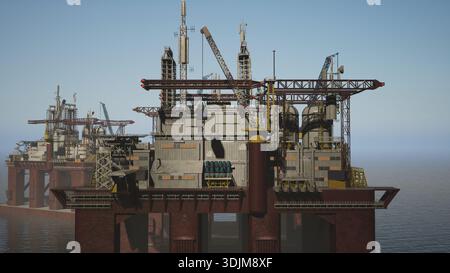 Navire d'installation offshore massif dans l'océan faisant de l'exploitation pétrolière. Plate-forme en acier maritime en mer profonde équipée de grues derrick de machines de forage pour les opérations sous-marines Banque D'Images