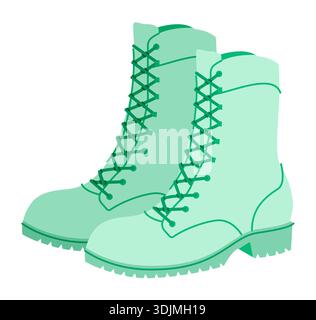 Menthe lacets patte semelle botte femme plat paire variante. Bande de roulement Chunky avec laçage avant pour trail, cérémonie nature. Illustration de mode technique CAD maquette raffinée vecteur hommes unisexe style moderne isolé Illustration de Vecteur
