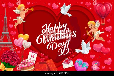 Forme de coeur coupé en papier sur la carte de voeux de bonne Saint-Valentin. Bannière romantique avec des cupidons de dessins animés, des colombes, des cadeaux, des coeurs, et la tour Eiffel autour d'un grand cœur évoquant l'amour, la joie et la célébration Illustration de Vecteur