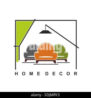 Décoration intérieure et symbole de mobilier. Trois fauteuils confortables aux couleurs orange, gris et vert. Plafonnier noir suspendu positionné au-dessus d'eux, rideau triangulaire vert remplit le coin gauche Illustration de Vecteur