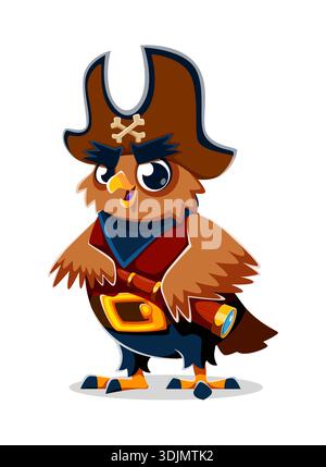 Personnage d'équipage de pirate oiseau de hibou de dessin animé tenant un spyglass. Capitaine et corsaire marin chouette portant un chapeau de tricorne. Personnage isolé et aventureux du zoo forestier, prêt pour les aventures maritimes Illustration de Vecteur
