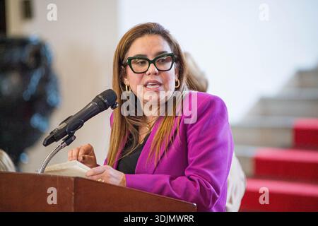 Bogota, Colombie. 27 janvier 2026. La vice-ministre colombienne de l’énergie, Karen Schutt, parle des tensions tarifaires entre la Colombie et l’Équateur le 27 janvier 2026 à Bogota, en Colombie. Photo par : Sebastian Barros/long Visual Press crédit : long Visual Press/Alamy Live News Banque D'Images