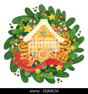 Une couronne de Noël de branches de sapin, maison en pain d'épice, canne à sucre, étoiles et biscuits. Illustration d'aquarelle dessinée à la main, dessin animé. Conception pour autocollant Banque D'Images