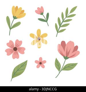 Fleurs de printemps et feuilles vertes ensemble. Vecteur d'éléments décoratifs floraux Illustration de Vecteur