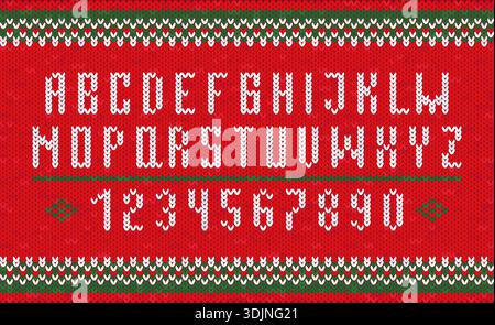 Police style pull laid. Lettres et chiffres tricotés, vacances de noël ou alphabet de conception d'hiver, tissu confortable chaud du nouvel an, motif textile saisonnier Illustration de Vecteur