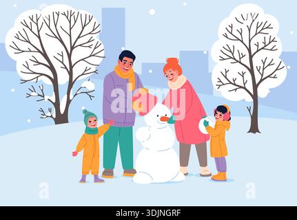 Famille heureuse sur la promenade hivernale. Parents et enfants construisent bonhomme de neige, activités de plein air saisonnières et jeux, vêtements chauds pour la neige, temps libre Illustration de Vecteur