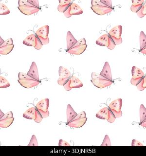 Motif simple sans couture avec des papillons délicats roses. Illustration aquarelle peinte à la main isolée sur blanc pour textile, emballage, papeterie Banque D'Images