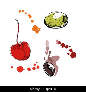 Fruit d'olive, grains de café, cerise mûre avec tige mince et éclaboussures de jus, contour d'encre dessiné à la main avec des accents de couleur abstraits. Clipart dessert d'été Illustration de Vecteur