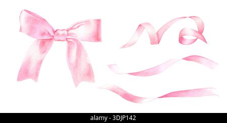 Un ensemble de rubans de satin rose et un noeud. Illustration d'aquarelle dessinée à la main isolée sur un fond blanc. Parfait pour les invitations et les salutations de conception Banque D'Images