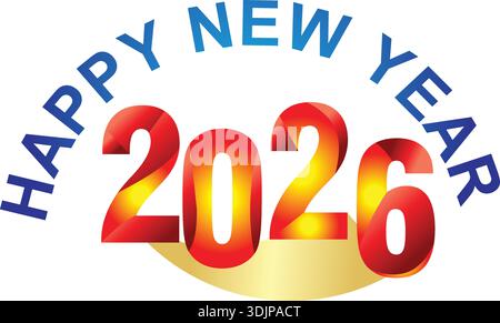Texte de bonne année 2026 avec lettrage bleu incurvé et numéros rouges sur une base dorée sur fond blanc Illustration de Vecteur