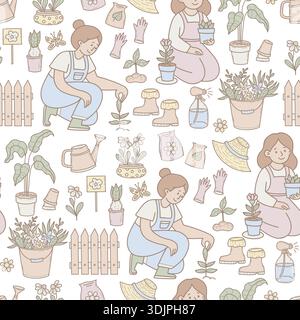 Modèle sans couture avec jardiniers et outils de jardinage sur fond blanc. Modèle répété avec des femmes plantant des fleurs et de l'équipement de jardin. Pastel Illustration de Vecteur