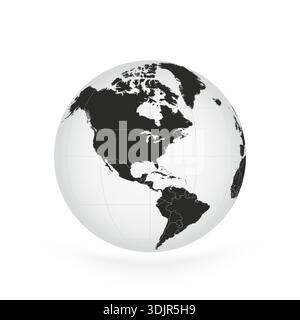 Globe monochrome détaillé centré sur les Amériques. Globe monochrome montrant une carte du monde détaillée avec un focus sur l'Amérique du Nord et du Sud, isolé sur un Illustration de Vecteur