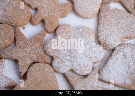 Pâtisserie délicate au sucre, moment agréable avec biscuit saupoudré de sucre, charmant biscuit en forme de fleur saupoudré de sucre en poudre pendant l'après-midi paisible Banque D'Images