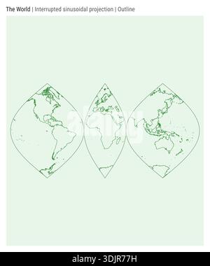 Carte du monde. Projection sinusoïdale interrompue. Style de contour. Carte du monde très détaillée pour les infographies, l'éducation, les rapports, les présentations. Illustration de Vecteur