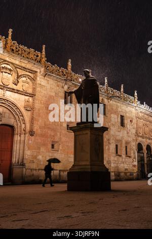 Ambiance nocturne hivernale au Patio de Escuelas à Salamanque, Espagne, avec la façade historique de l'université et la statue centrale illuminée Banque D'Images