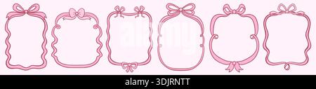 Ensemble de vecteur mignon avec des cadres de ruban romantiques avec des noeuds, des bordures ondulées roses pour la Saint-Valentin et Noël, des invitations et des menus Illustration de Vecteur