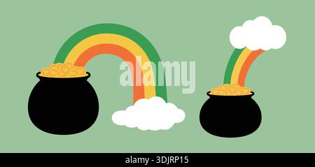 Ensemble de chaudron St.Patrick's Day et illustration vectorielle plate arc-en-ciel. Pot d'argent noir plein de pièces de monnaie et conception clipart arc-en-ciel. Illustration de Vecteur