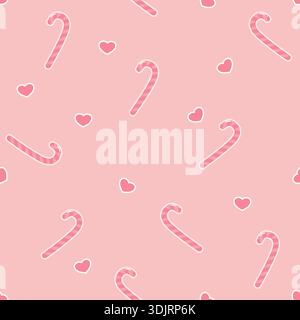 Joli motif sans couture avec cannes de bonbon rayées roses et petits coeurs. Idéal pour les bonbons de Noël, l'emballage de la Saint-Valentin, papeterie mignonne, et les enfants Illustration de Vecteur