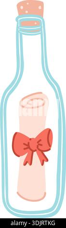 Bouteille de message de dessin animé mignon avec lettre et arc isolé sur fond. Illustration de Vecteur