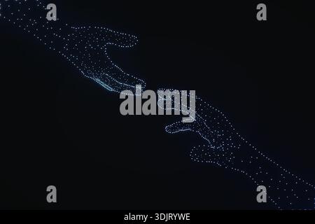 Une illustration numérique abstraite avec deux mains tendues pour se connecter, composée de points et de lignes interconnectés sur un fond bleu foncé Banque D'Images