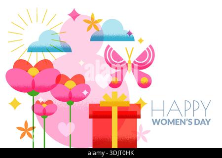 Illustration géométrique plate vectorielle avec fleurs roses de fleur de printemps, boîte cadeau, papillon et numéro huit. Design for Womens Day 8 mars invitation ou Illustration de Vecteur