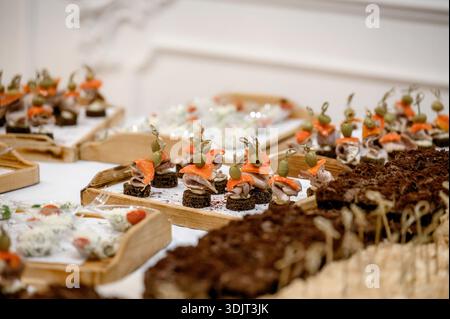 Hors-d'œuvre de viande assortis sur du pain noir et desserts sur une table servie. Mini-hors-d'œuvre de restauration exquis sur des plateaux dans une salle d'événement lumineuse Banque D'Images