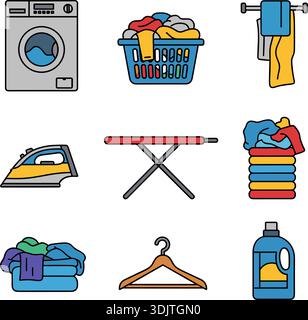 Ensemble d'icônes de blanchisserie et de ménage illustration vectorielle plate pour le service de nettoyage et la conception de soins à domicile Illustration de Vecteur