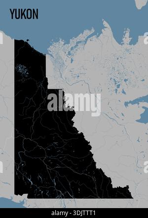 Carte du Yukon, Canada, avec l'intérieur du territoire rendu en noir Uni. La zone noire est recouverte de fines lignes bleu clair représentant la rivière Illustration de Vecteur