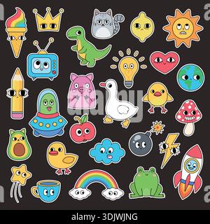 Collection d'autocollants. Personnages drôles de doodle. Isolé sur un fond sombre. Illustration vectorielle de style plat. Illustration de Vecteur
