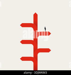 Cette illustration vectorielle minimale d'affaires montre un homme d'affaires évaluant un chemin parmi de nombreuses flèches, représentant une décision de direction pour la croissance de carrière Illustration de Vecteur