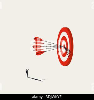 Cette illustration vectorielle minimale montre un homme d'affaires atteignant son objectif d'affaires en frappant la cible bullseye, un concept de réussite de mission et Illustration de Vecteur
