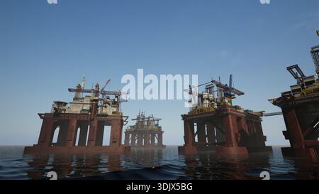 Plates-formes de forage industrielles massives extrayant du pétrole des réserves de haute mer à l'aide de grues. Navires d'installations de production d'énergie maritime opérant dans les eaux internationales Banque D'Images