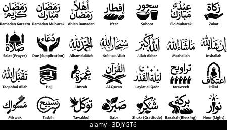 Il s'agit d'un ensemble de pictogrammes vectoriels ultra-plat avec des termes clés comme iftar, Suhoor, Hajj et Umrah. La collection comprend à la fois la calligraphie arabe et Illustration de Vecteur