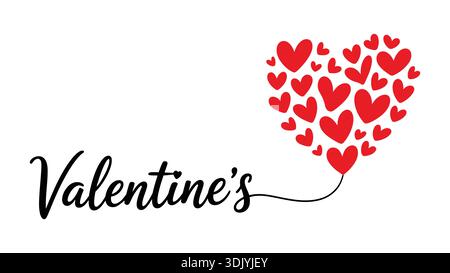 Lettrage calligraphique vectoriel noir de Valentin relié à un grand ballon en forme de coeur fait de petits coeurs rouges isolés sur fond blanc. Illustration de Vecteur