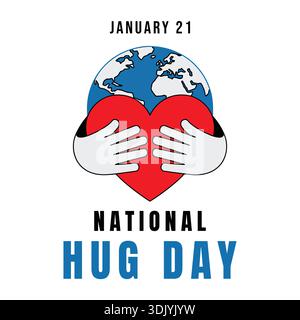 National Hug Day 21 janvier concept avec des mains serrant un cœur rouge devant le globe terrestre sur fond blanc. Illustration de Vecteur