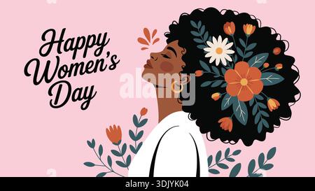 Joyeuse Journée des femmes illustration d'une belle femme noire avec des fleurs dans ses cheveux sur un fond rose doux. Illustration de Vecteur