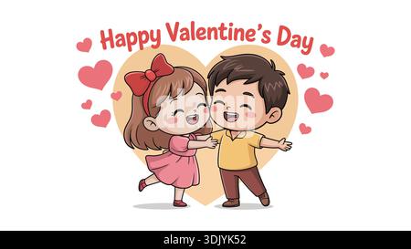 Bonne Saint-Valentin mignon garçon et fille de dessin animé embrassant avec des coeurs roses et grand coeur orange sur fond blanc. Illustration de Vecteur