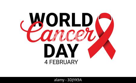 Affiche de sensibilisation à la journée mondiale du cancer avec symbole de ruban rouge et typographie moderne sur fond blanc Illustration de Vecteur