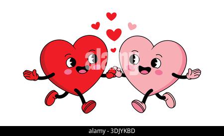 Illustration de bande dessinée mignonne de la saint-valentin de deux personnages de cœur souriant tenant les mains sur fond blanc Illustration de Vecteur