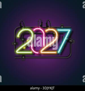 Signe de numéro coloré au néon 2027 avec des lumières vertes, roses, oranges et bleues brillantes sur fond sombre, idéal pour la conception de célébration du nouvel an. Illustration de Vecteur