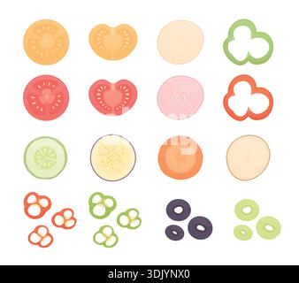 Un ensemble de ​​vegetables tranchées sur un fond blanc. Légumes pour recettes culinaires. Illustration de Vecteur