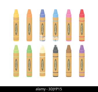 Un ensemble de crayons de cire de différentes couleurs sur un fond blanc. Pour enfants, 12 crayons de cire pour le dessin. Illustration de Vecteur
