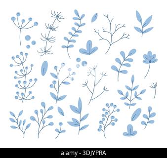 Un grand ensemble de plantes bleues. Eléments décoratifs à ressorts. Illustration de Vecteur