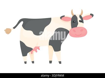 Jolie vache de dessin animé sur un fond blanc. Animaux de ferme. Production laitière. Illustration de Vecteur