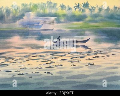 Lever de soleil du matin dans le fond aquarelle Kerala Backwaters Banque D'Images